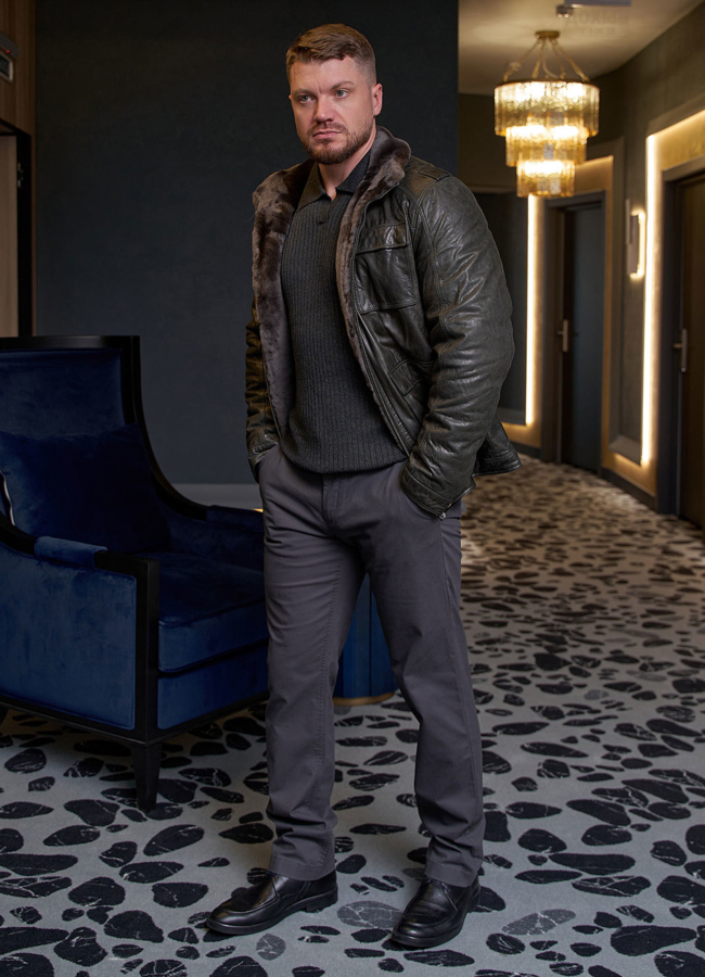 Мужская утепленная кожаная куртка  модель № 28074 в кредит