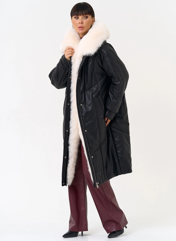 Женский пуховик из эко кожи со съемным эко мехом