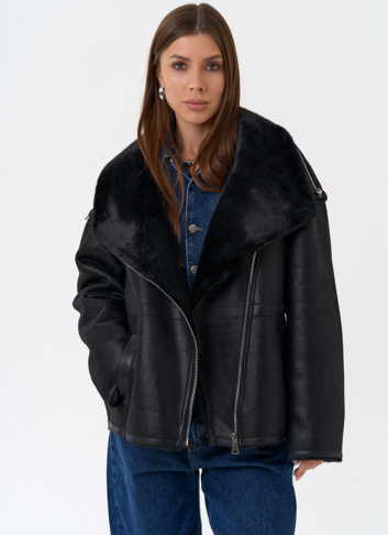 Женская дубленка из эко замши в черном цвете