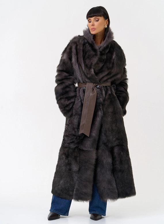 Женская двухсторонняя дубленка с поясом