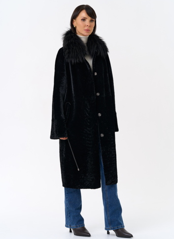 Женская двухстороняя дубленка с воротником из меха чернобурой лисы