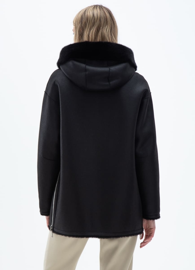 фото Женская двухсторонняя дубленка из эко кожи с капюшоном модель № 32028