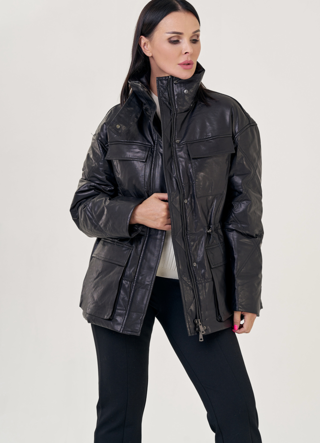 фото Женская кожаная куртка с капюшоном  модель № 23259