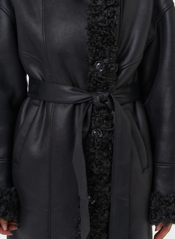 Женская дубленка из эко замши с поясом