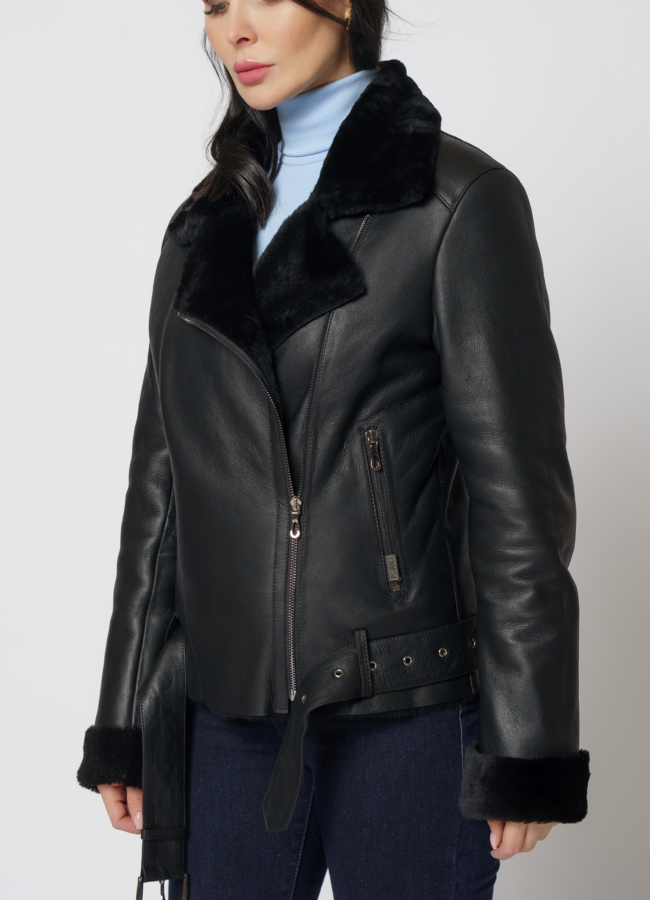 Женская дубленка косуха из овчины черного цвета модель № 5918 универмаг малина