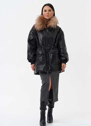 Кожаный пуховик с мехом