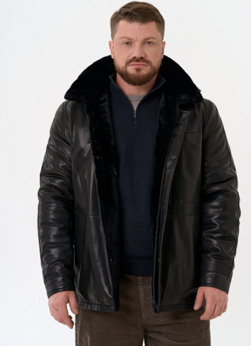 Мужская дубленка черного цвета с капюшоном