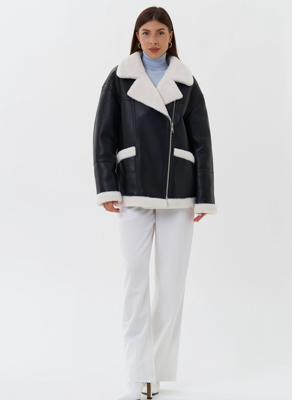 Дубленка из эко кожи черного цвета с черным эко мехом