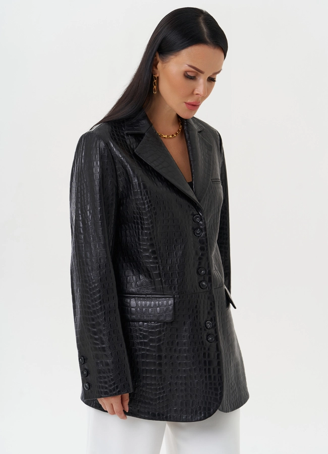 Жакет из натуральной кожи черного цвета модель № 27825 в рассрочку
