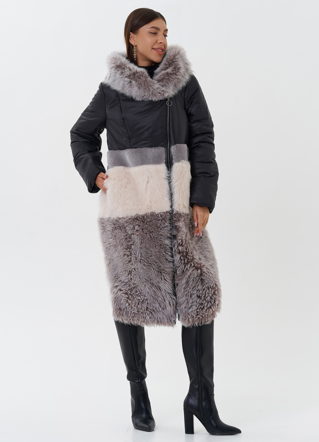 фото Комбинированный пуховик с овчиной модель № 26911