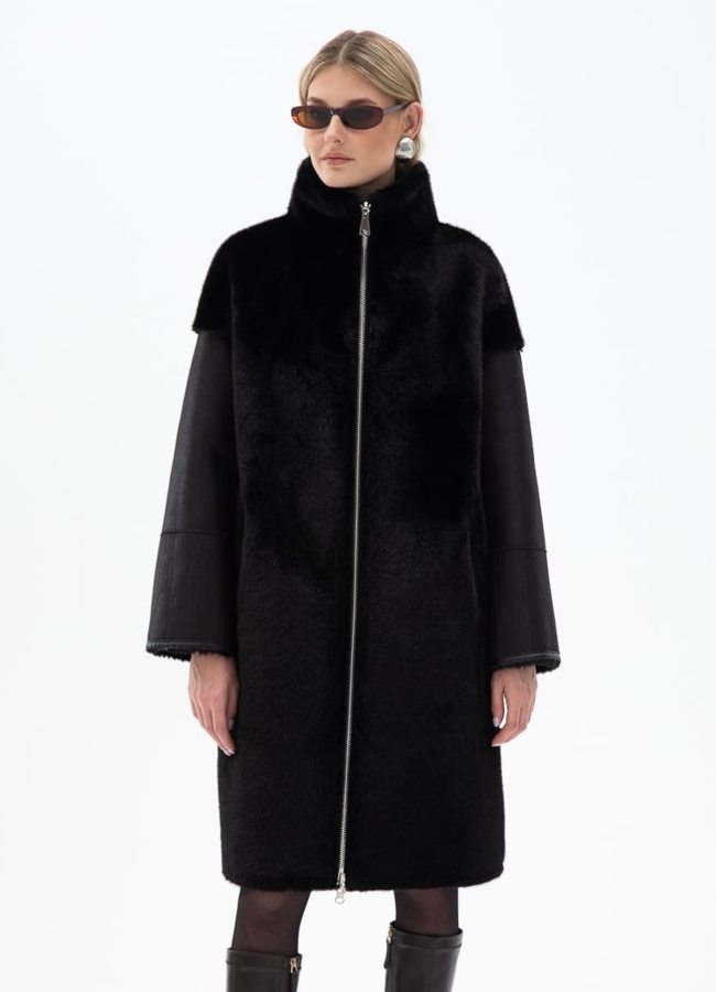 Женская двухсторонняя дубленка из эко кожи с воротником стойкой модель № 32027 в кредит