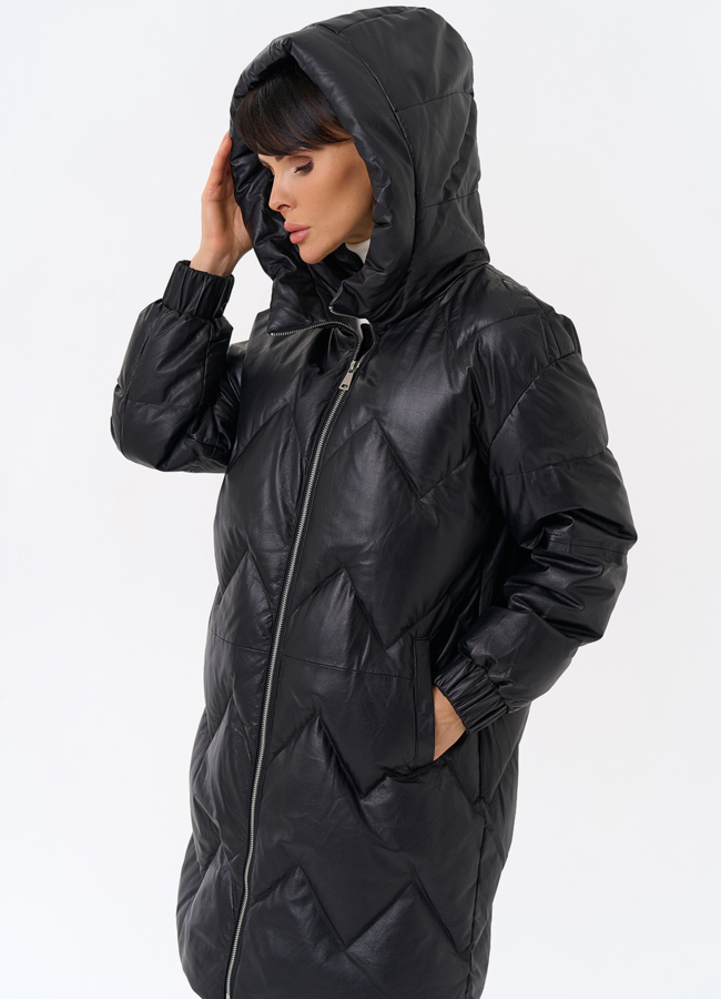 Длинный пуховик из кожи модель № 31215 универмаг малина