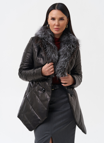 Кожаный пуховик с мехом из чернобурки