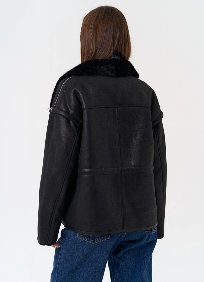 фото Женская дубленка из эко замши в черном цвете модель № 31433