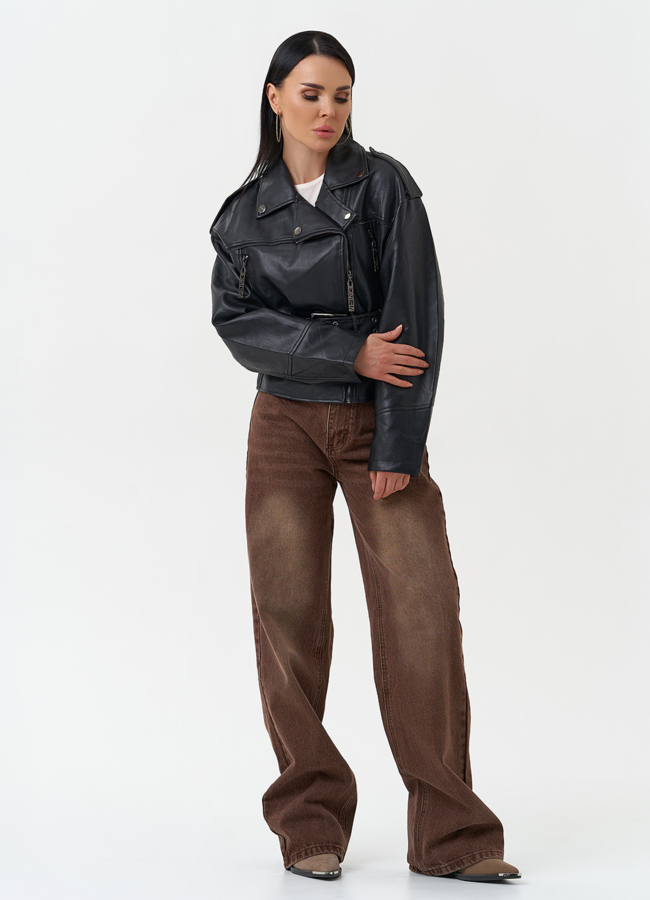 Куртка косуха из эко кожи черного цвета модель № 30305 в кредит