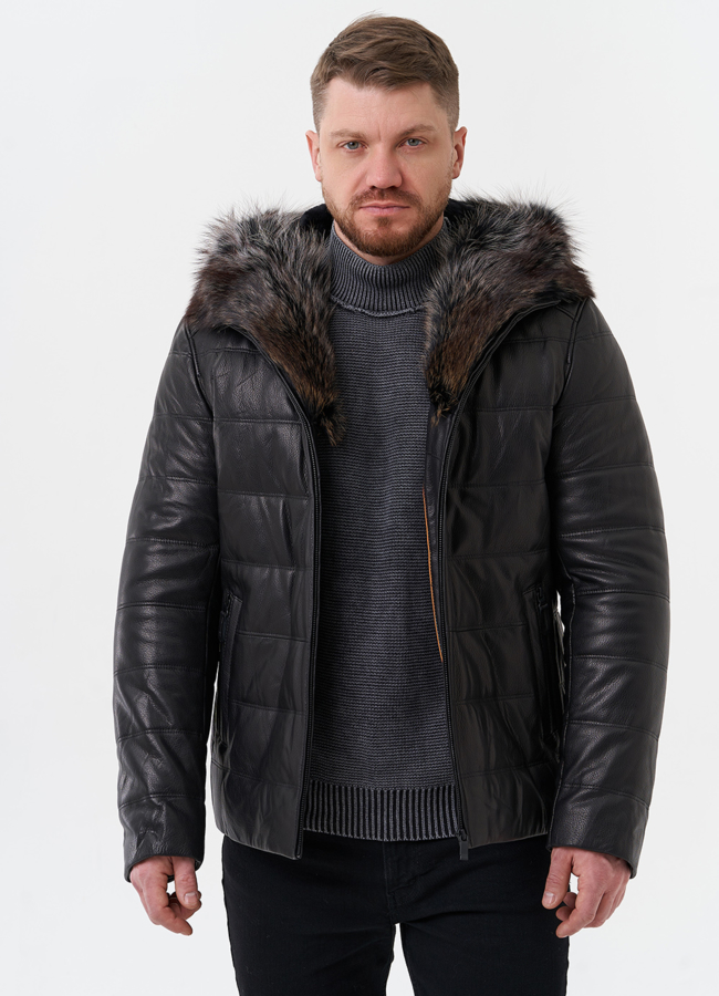 Пуховик из натуральной кожи с капюшоном из меха енота модель № 25455 универмаг малина