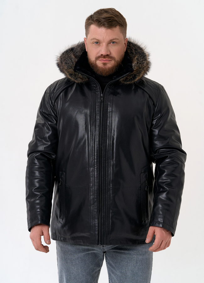 Пуховик из эко кожи с капюшоном из меха енота модель № 31719 меха малина