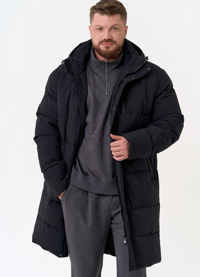 Удлиненный мужской пуховик с капюшоном модель № 31462 меха малина