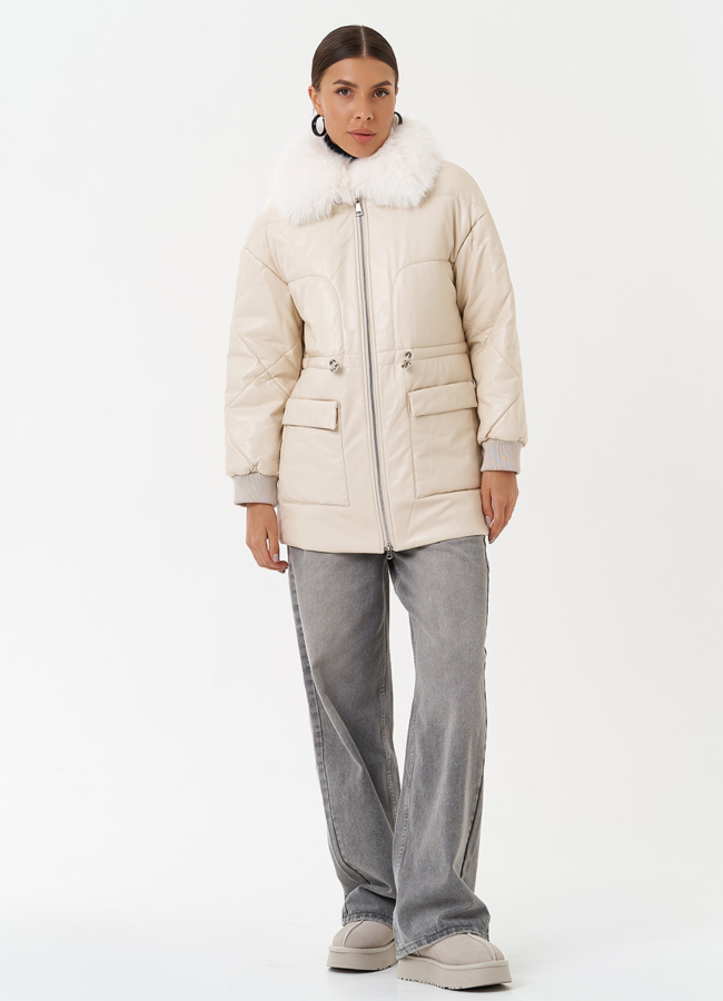 Пуховик из эко кожи с мехом песца модель № 25497 в рассрочку