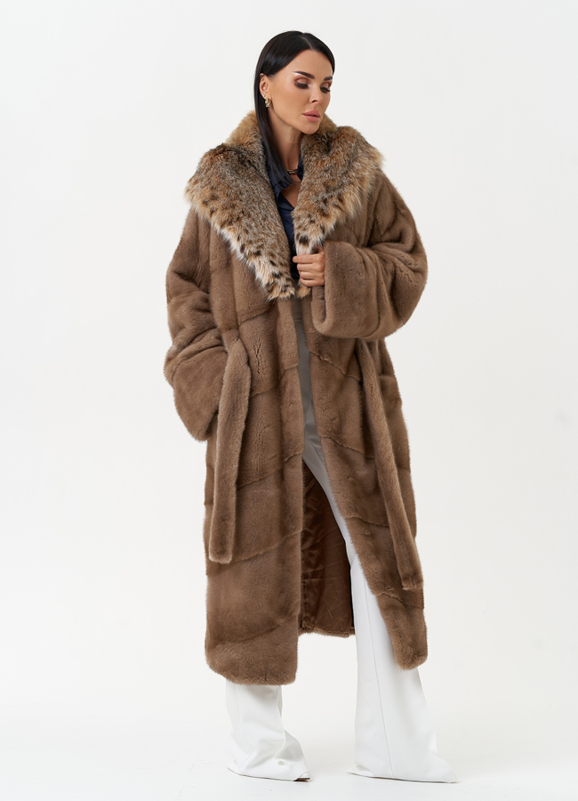 Женская шуба из меха норки с капюшоном из меха рыси модель № 31162 универмаг малина