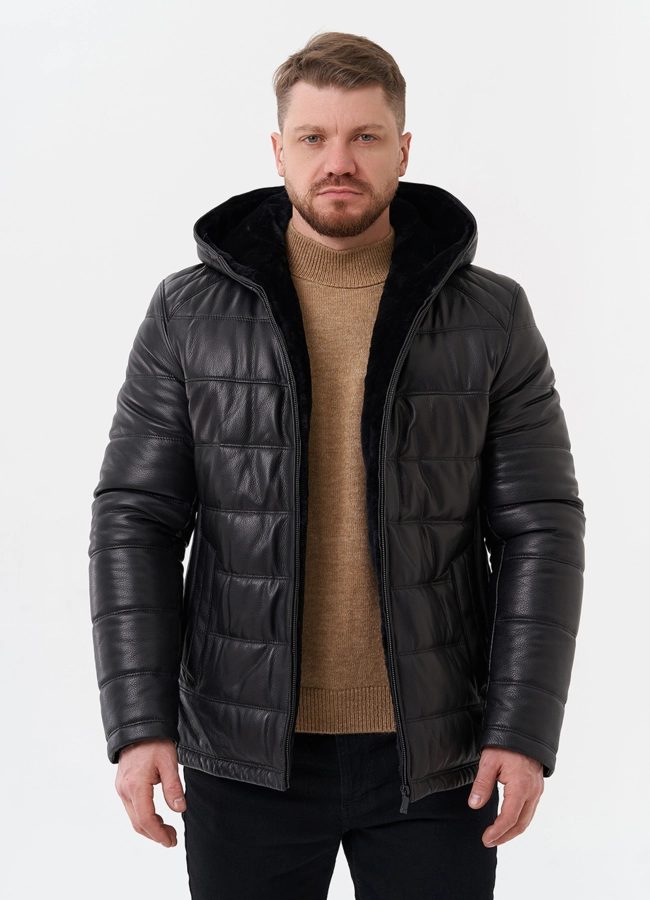 Пуховик из натуральной кожи с отделкой из мутона модель № 25453 универмаг малина
