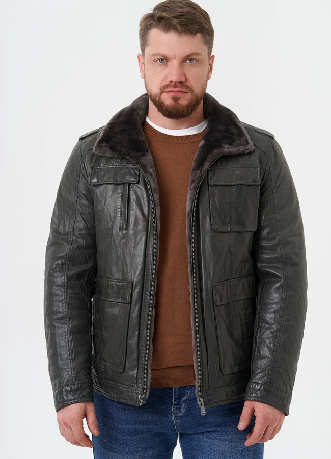 Мужская утепленная кожаная куртка  модель № 28074 универмаг малина