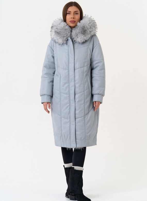 Женский пуховик из эко кожи с отделкой из эко меха фото