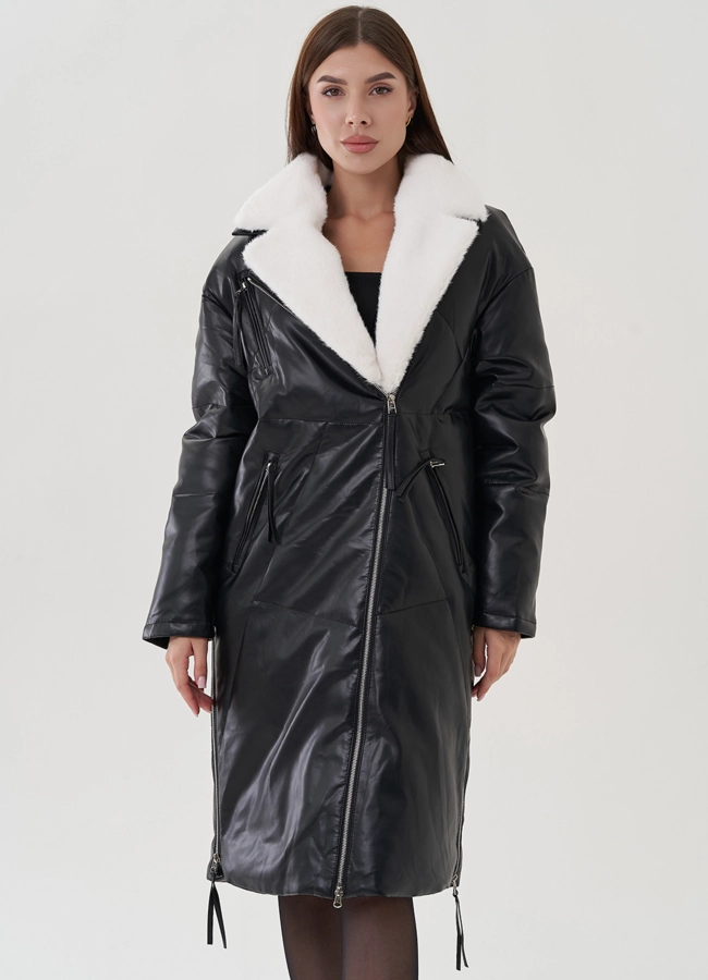 Пуховик женский из эко кожи с английским воротником модель № 25466 в кредит