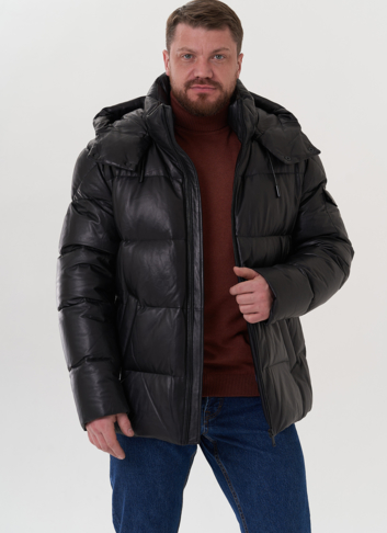 Пуховик из натуральной кожи с капюшоном